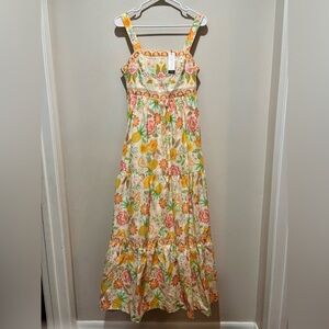 Rachel Zoe Tropical Pineapple Floral Embroidered Tiered Maxi Dress Boho NWT